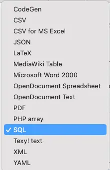 A list of database export formats