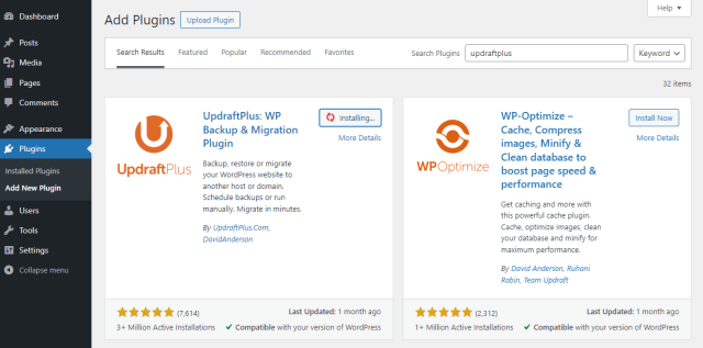 Install UpdraftPlus plugin
