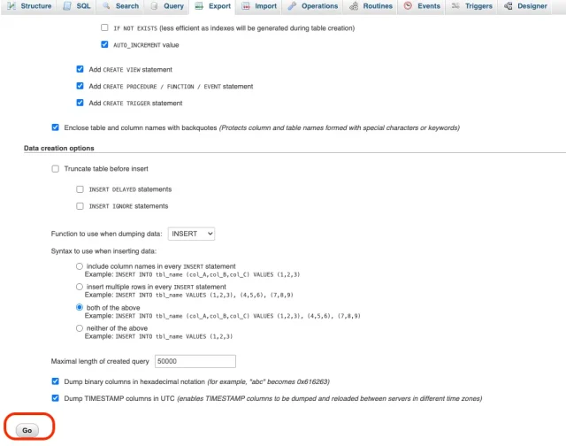 Screenshot showing the export of a WooCommerce database