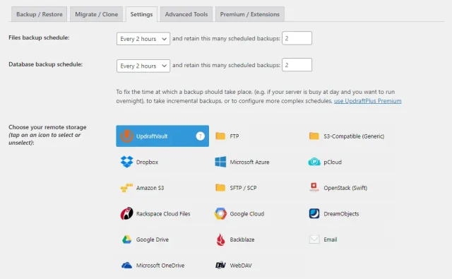 Cloud provider storage settings