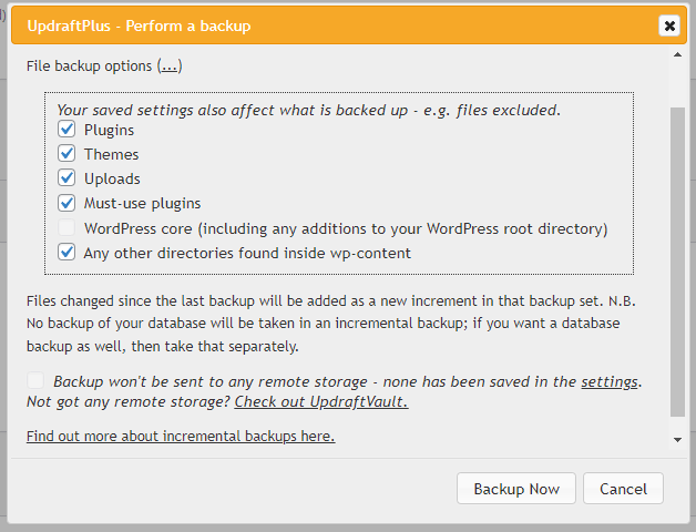 Manual backup of incremental changes